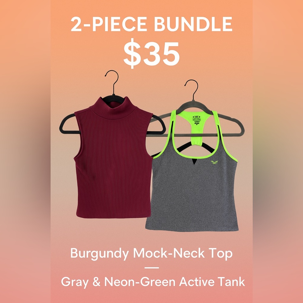 2-Top Bundle | Burgundy Mock Neck & Gray Active Tank | $35